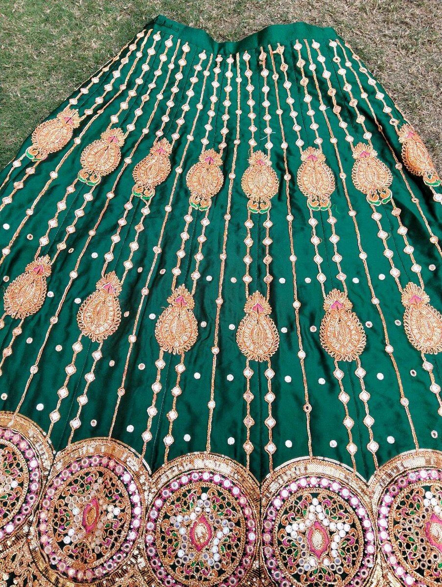 Lehenga with Dubata , Dark green with multi color dubata