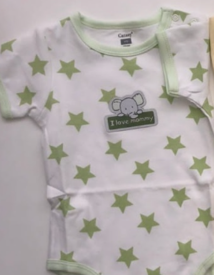 baby suit, green, with an elephant