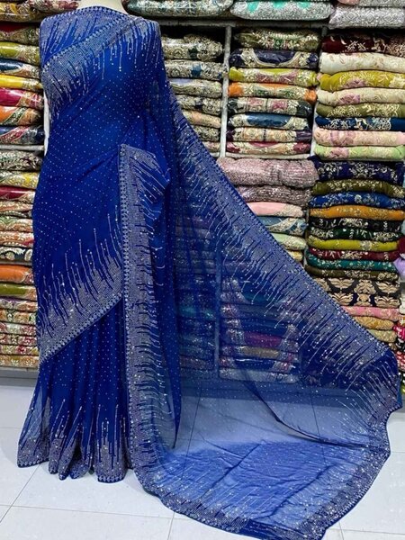 Beautiful Stitched  Net Saari Full pearls Work