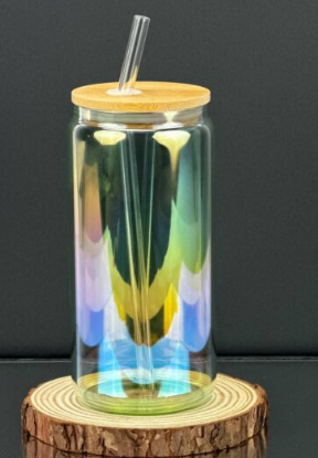 Iridescent Soda Can Beer Pint Borosilicate Glass Tumbler with Bamboo Lid and Glass Straw 
