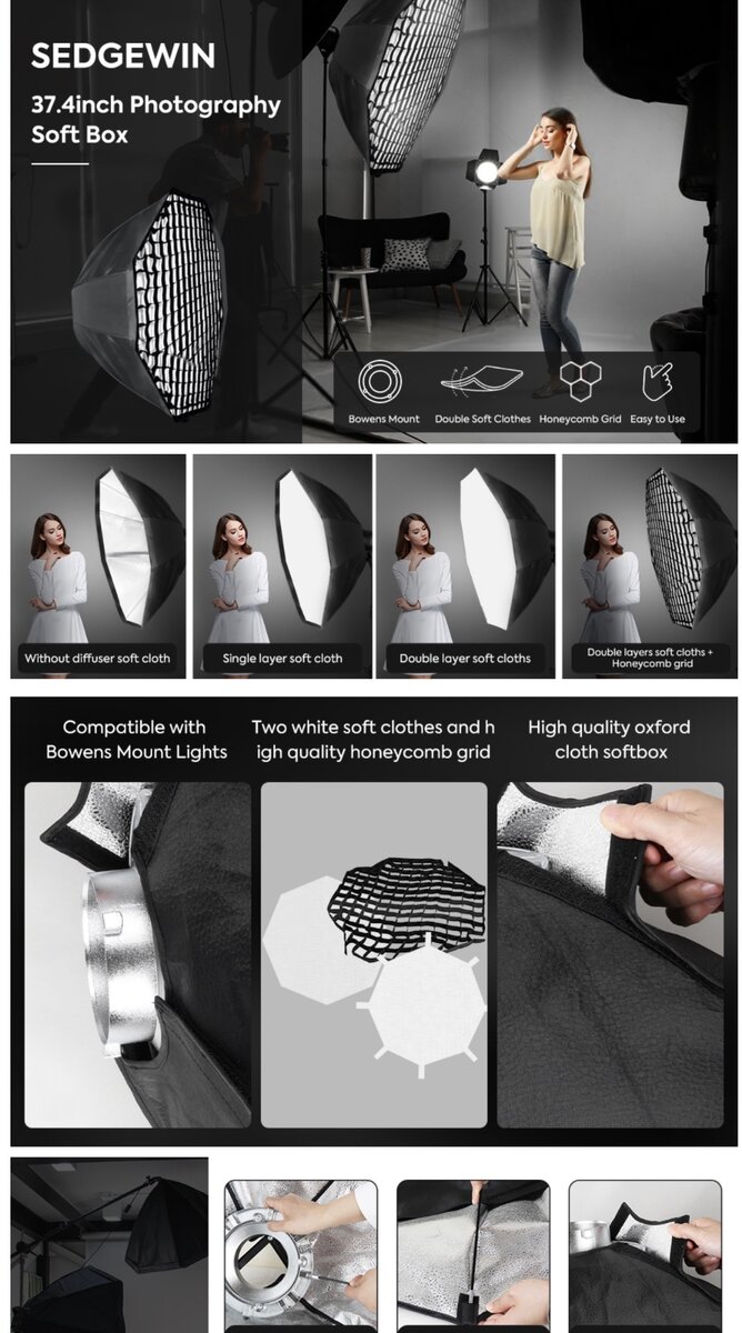 SEDGEWIN 95CM/37.4inch Octagon Softbox Honeycomb