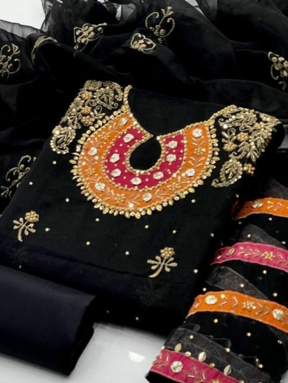 3 pcs women's unstitched organza mirror work suit