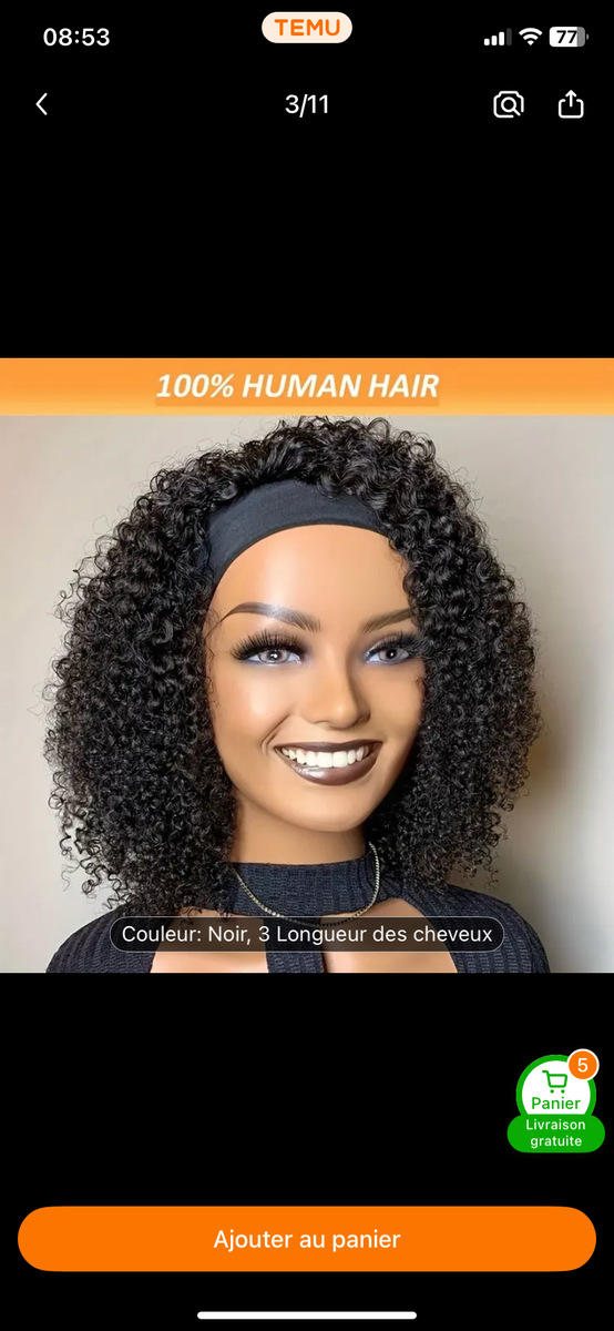 Perruque Bouclée 100% Cheveux Humains