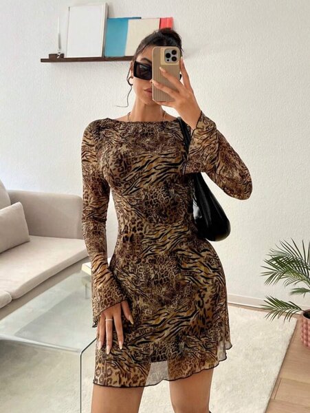 Leopard Print Backless Bell Sleeve Mesh Mini Dress