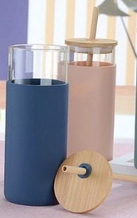 Bamboo Lid Borosilicate Glass Tumbler with Silicone Sleeve and Bamboo Straw