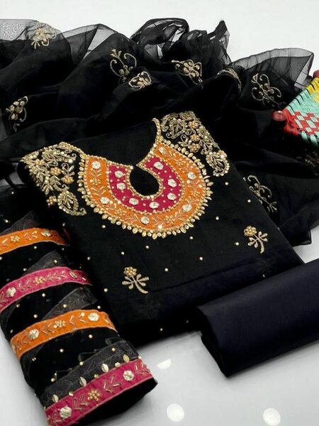 3 pcs women's unstitched organza mirror work suit