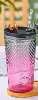 Gold Crown-Top Glass Tumbler with Straw Lid and Reusable Glass Straw