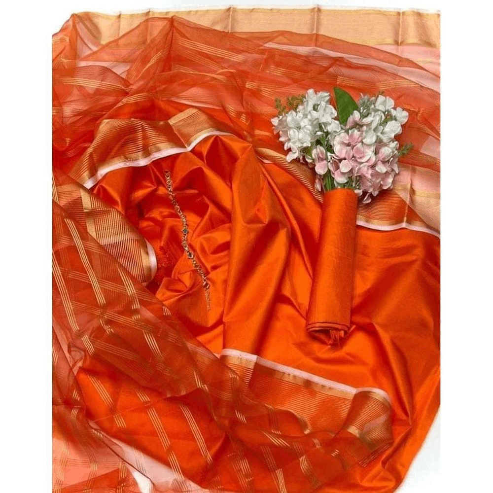 3 pcs women's unstitched Fancy katan silk plain suit