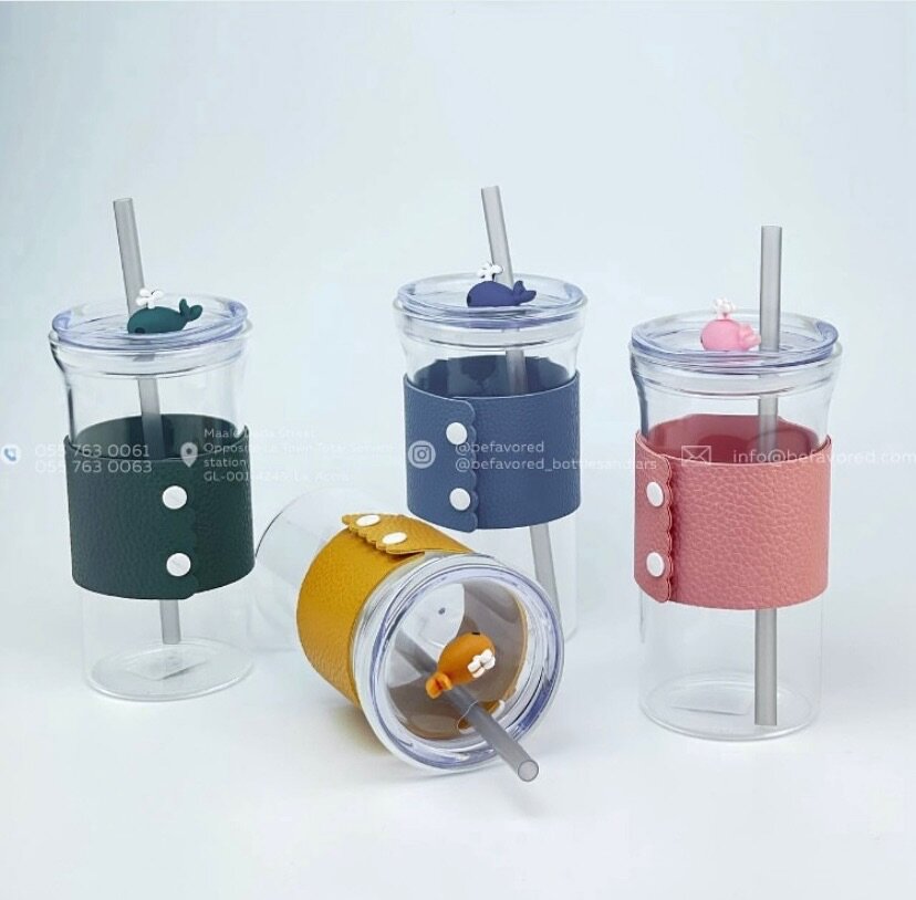 Glass Tumbler with Leather Strap & Straw 500ml