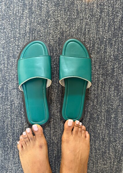 Handmade green leather slides
