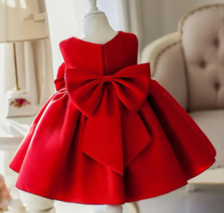 Newborn Baby Girl Dress Red LaceBaby Gown Princess Bow Baby Birthday Dress ( Fabric Silk) ( Size 03 Month To 2 Yrs)
