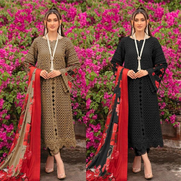 3 pcs women's unstitched Embroidered Lawn suit