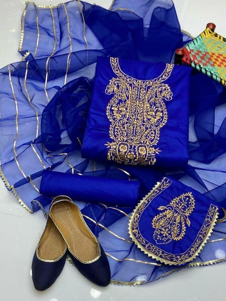 5 Pcs women's unstitched katan silk Embroidered mirror suit