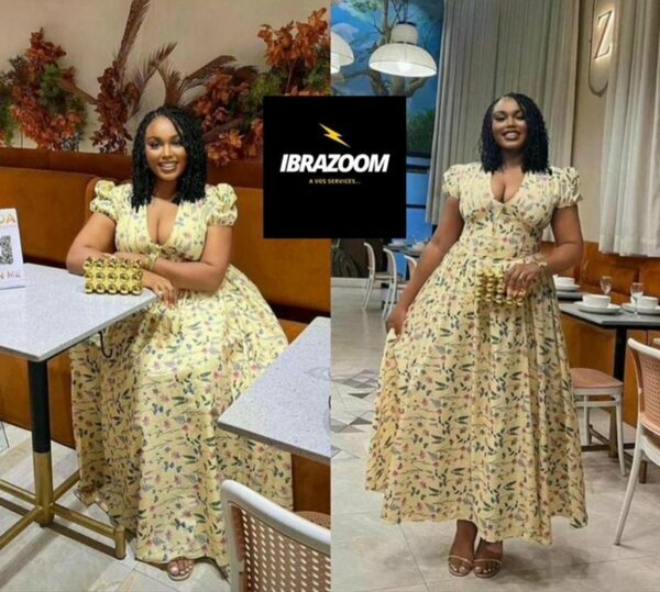 Robe longue jaune à fleurs manches bouffantes