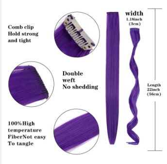 Hair Extensions Clip In Neon Hair Extension Hairpieces Party Highlights Synthetic Halloween Hair Accessories Colored Straight Extension Clip Ins for Kids Girls 22" 1pcs