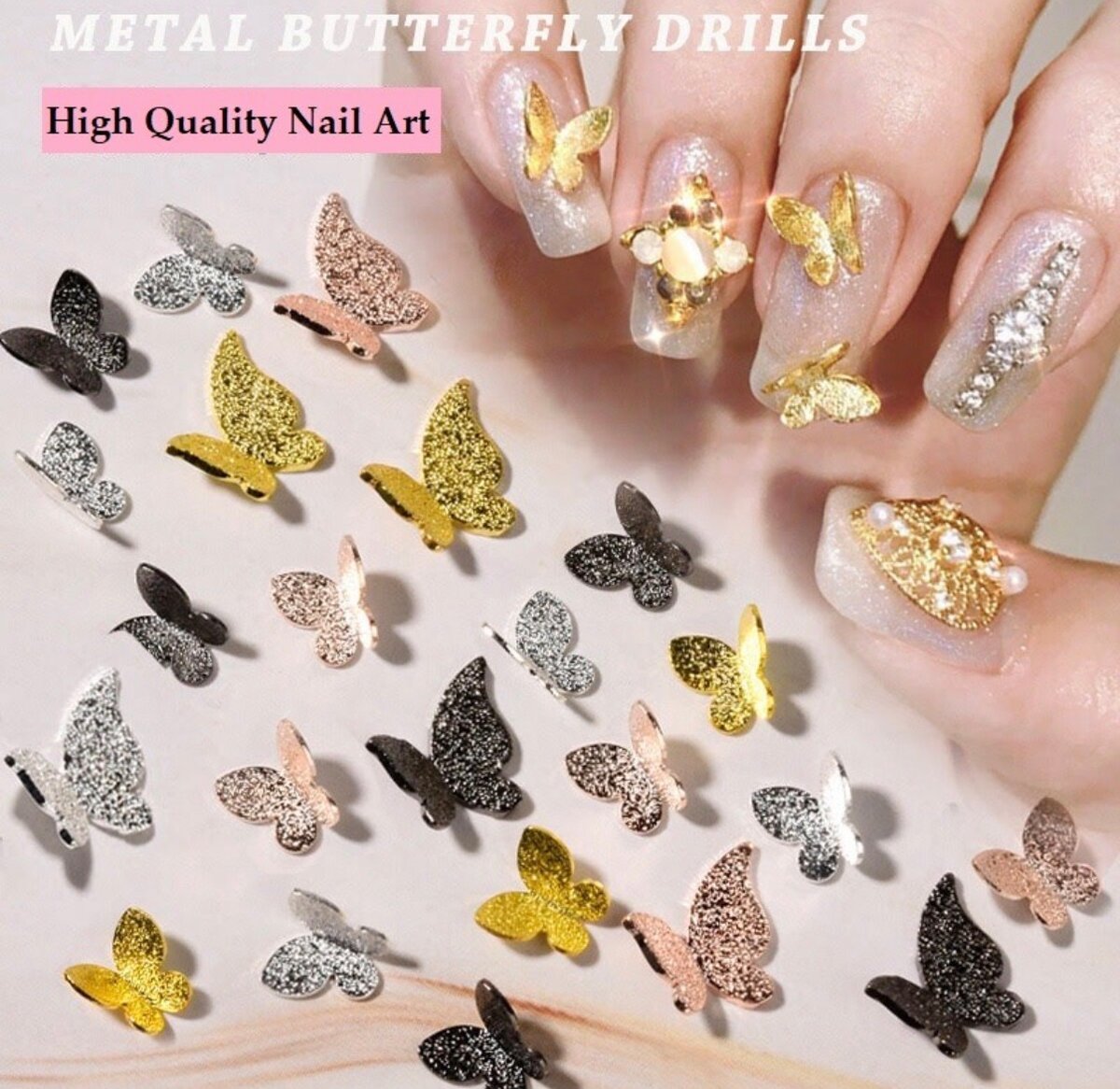 Décor papillons ongles dorés