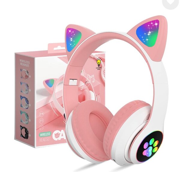 KERHAND Cute Cat Ear Bluetooth Headphones with LED Lights an