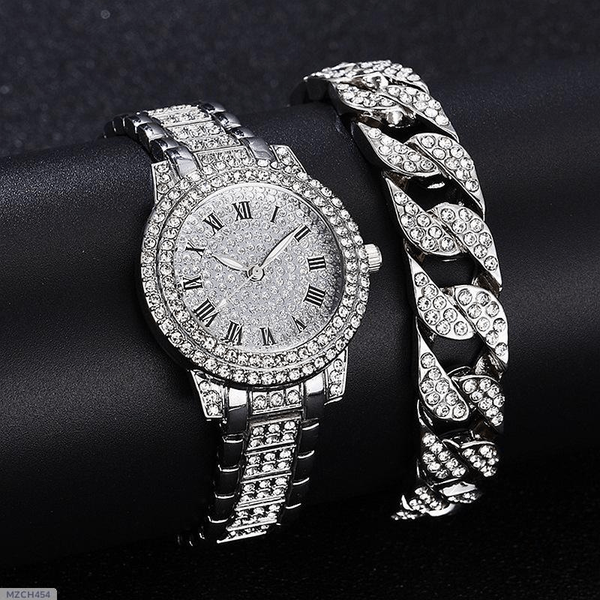 Woman's Diamond Artificial Set - Roman Watch - Silver