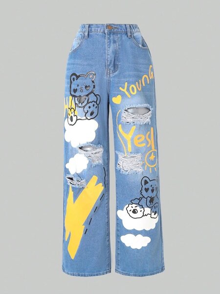 Teenage girls printed ripped straight jeans
