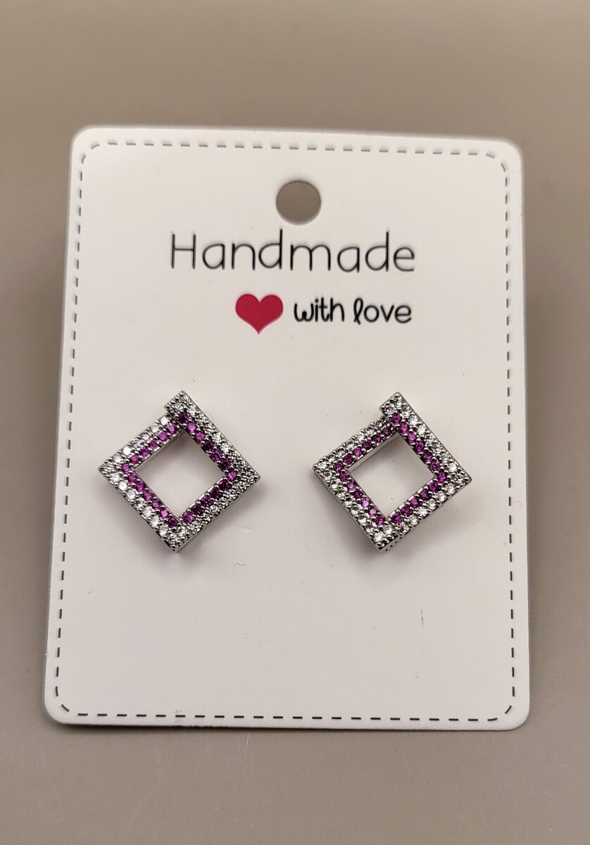 Square Silverand pink stone  Stud