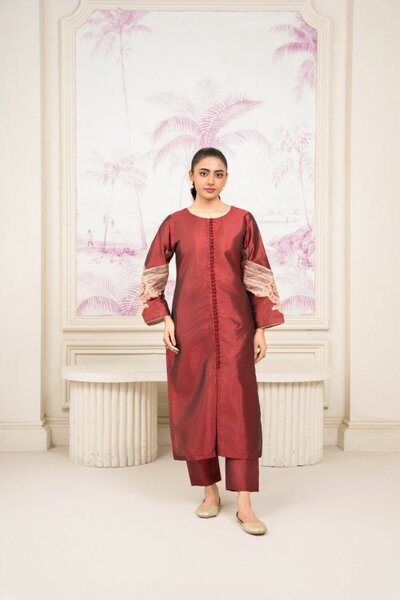 Festive Embroidered 2-Piece Maroon Silk