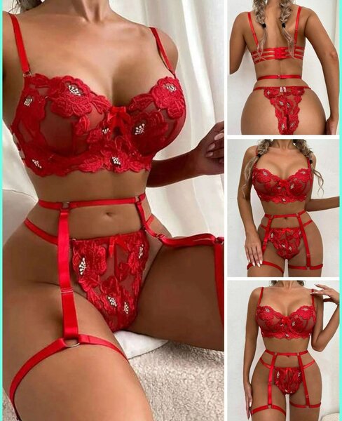 Ensemble lingerie rouge dentelle florale