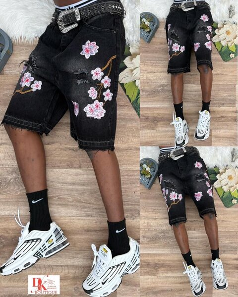 Short en jean noir floral homme