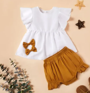 Baby Girl Bowknot Front Dress and Pleated Shorts Set ( Fabric Lawn) ( Size 03 Month To 3 Yrs)