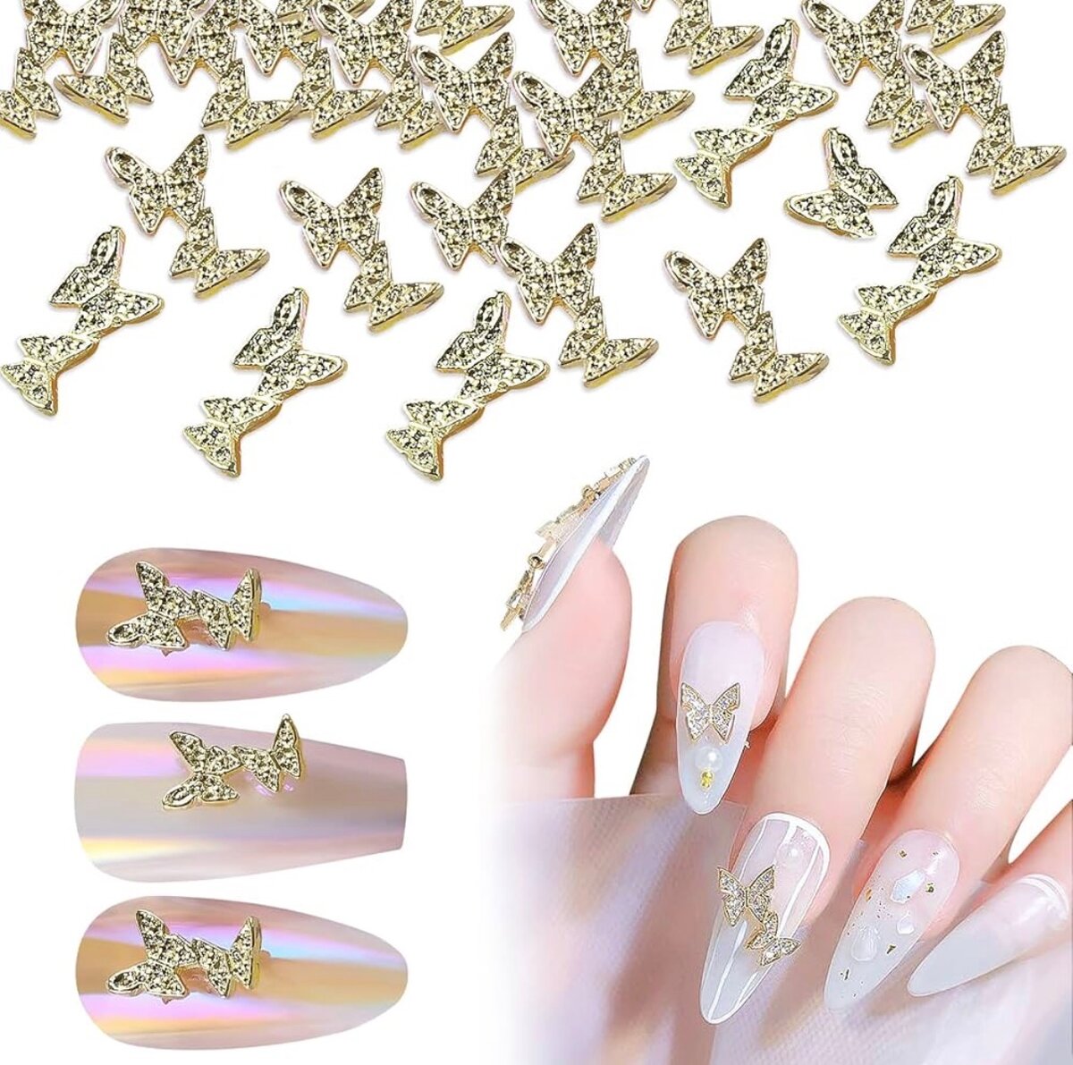Décor papillons ongles dorés