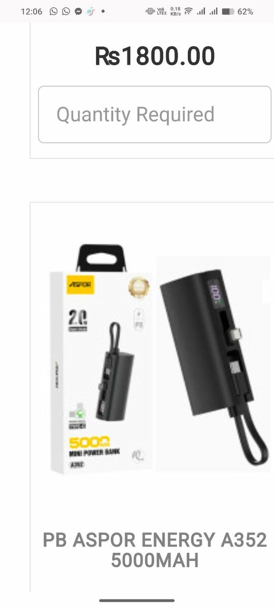 Aspor A352 Mini Power Bank 5000mAh with Built-in Cable