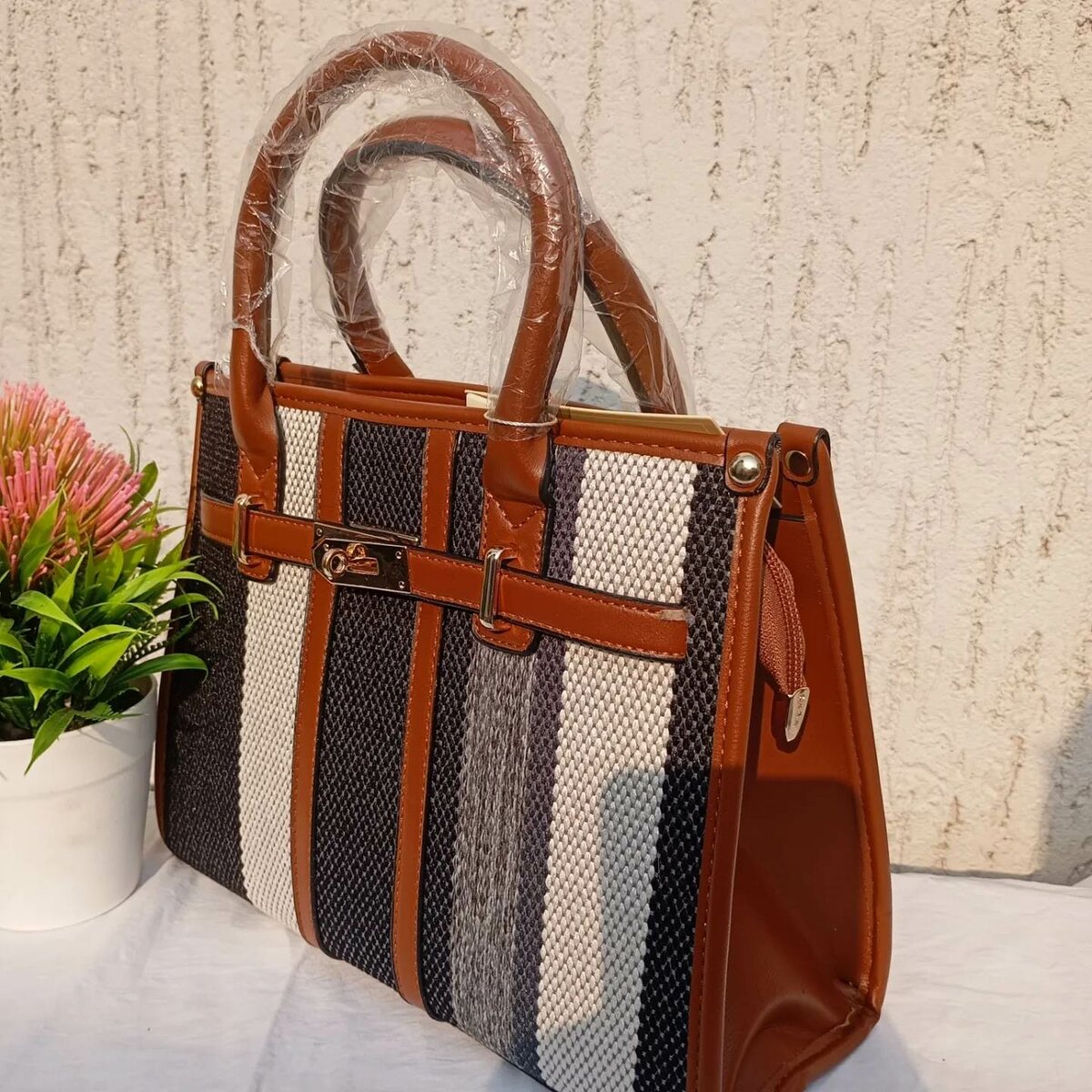 Striped handbags. With purse and long strap