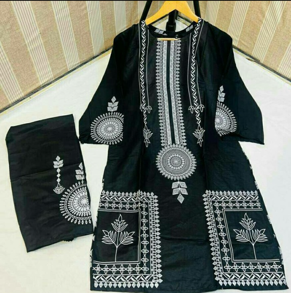 2 Pcs Block Printed Linen Stitched Suit