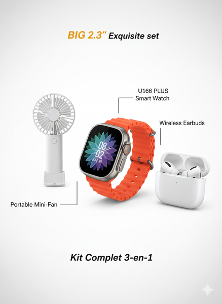 Kit 3-en-1 montre, écouteurs, ventilateur