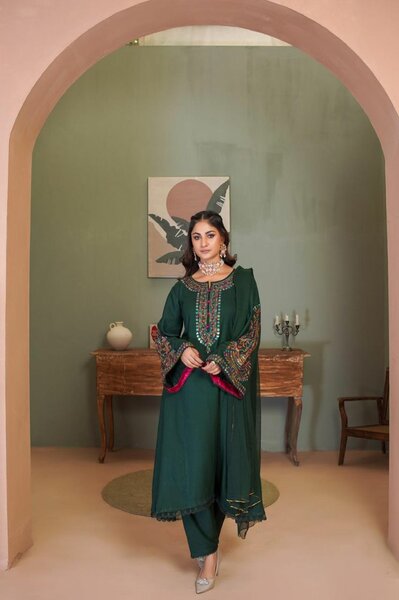 Multi embroidery Dhanak 3 piece