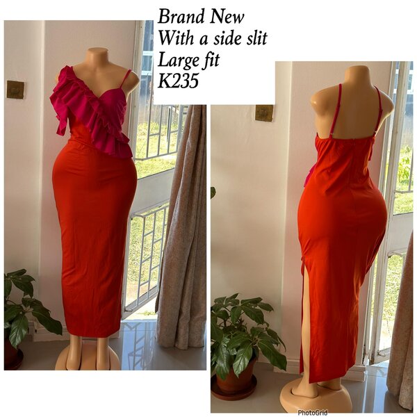 Long red dress with a side slit in size L