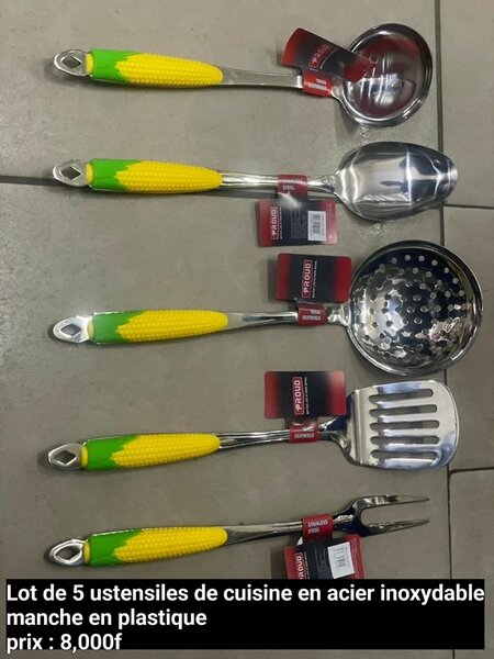  Lot de 5 ustensiles de cuisine en acier inoxydable manche en plastique 