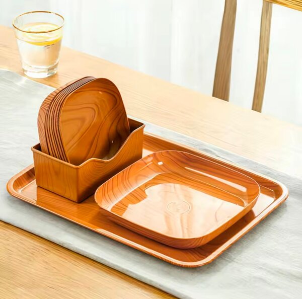 Ensemble assiette motif bois