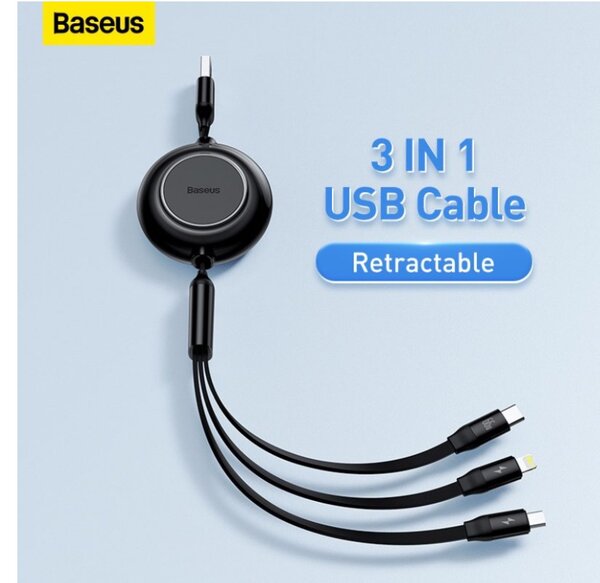Câble Baseus 3en1 Rétractable, USB 100/66W Charge Rapide (CA