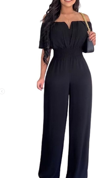 Women's black jumpsuit with open shoulders and elastic waist.