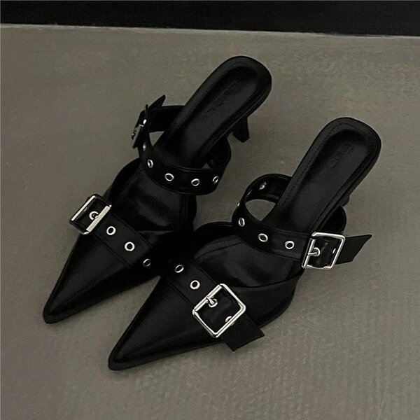 Pointed toe heel sandals with belt buckle detail back