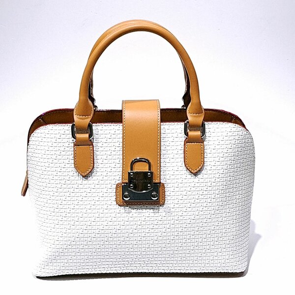 Sac à main blanc en tissu avec poignée en cuir