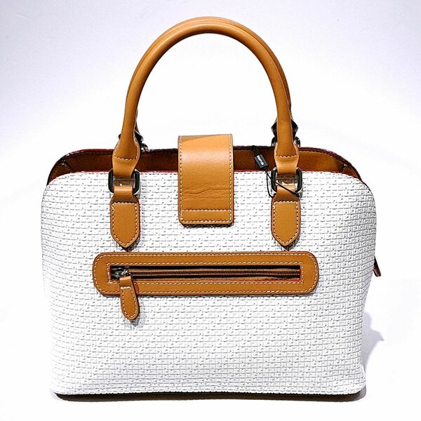 Sac à main blanc en tissu avec poignée en cuir