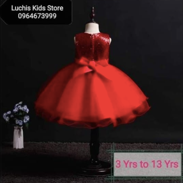 Elegant, fluffy, red dress with a shiny top and bow belt for 3-13 y.o girls