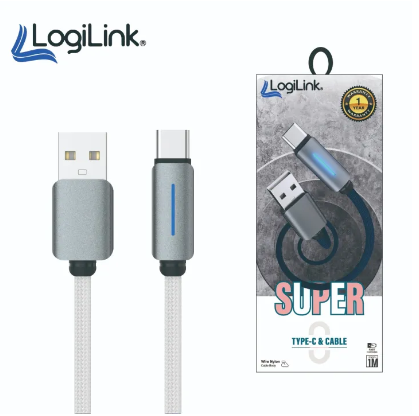 Logilink Usb To Type C Nylon Fast Charging Data Cable 1m With Light (1 Year Warranty) White