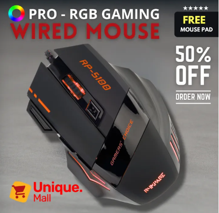 PRO Gaming Mouse RGB with 3200dpi - Breathing LED USB Wired Optical Computer Mouse with 6 Buttons & Braided Wire including Side Buttons - Mouse with FREE Mouse Pad for laptop, PC, Gaming & Office Use by Unique Mall