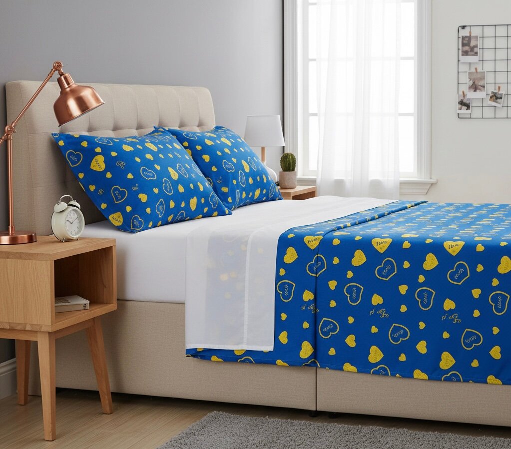 Parure de lit bleu motifs cœur