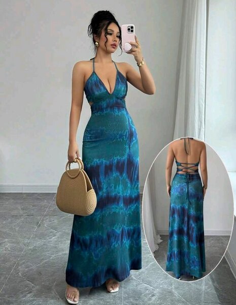 Robe Longue Évasée Bleu Femme