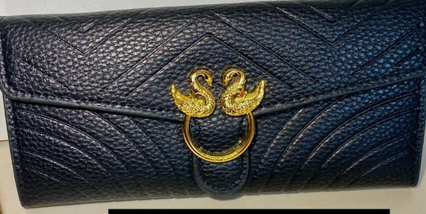 Women's Black Textured eco-leather Clutch with Golden Swan Buckle