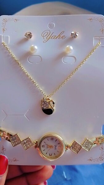 4 in 1 Swan Necklace,watch and Earrings set