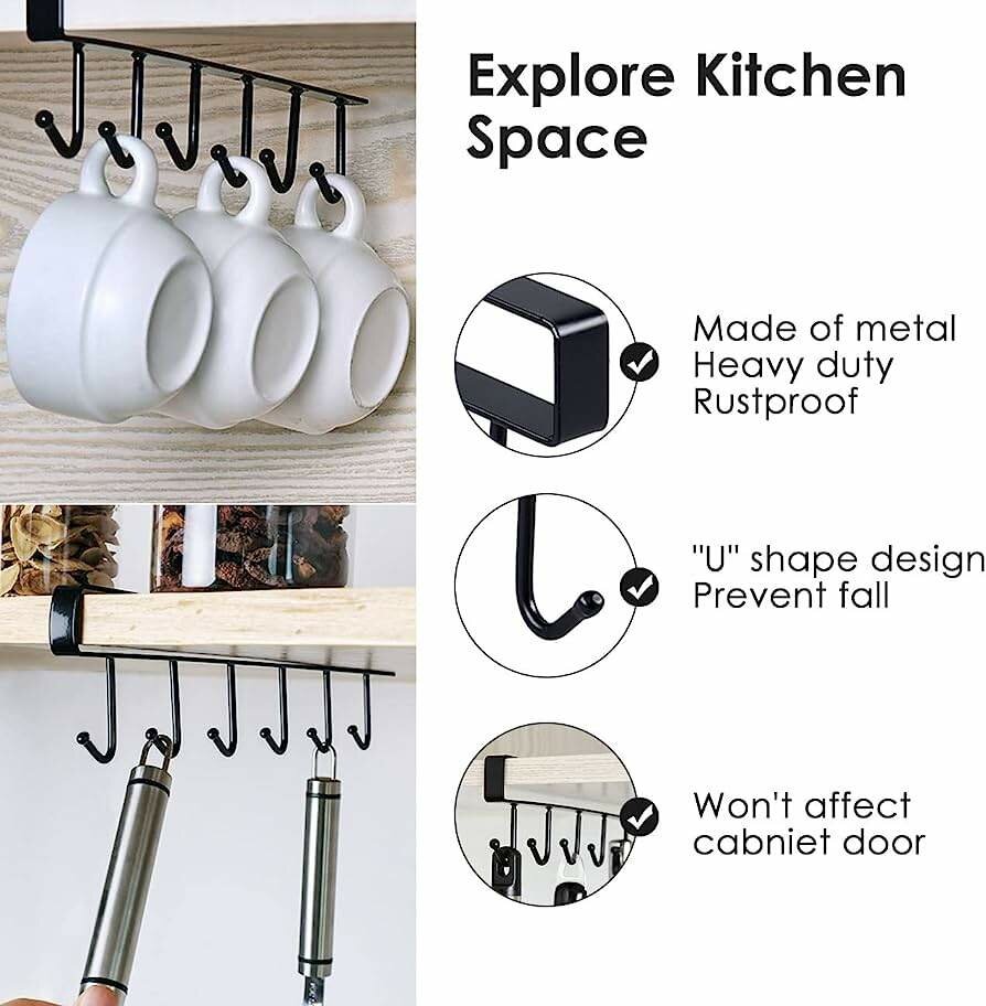 Under Cabinet 6 Hooks Mug Cup Holder for Kitchen, Mug Cup storage Rack, for Cupboards Wardrobes, Under Cabinet Utensils Hanger, Hanging Organizer rack for Kitchen Accessories